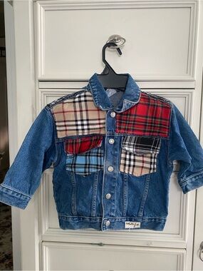 Kids Size 6 Denim Jacket with Multi Plaid Patches - Blue